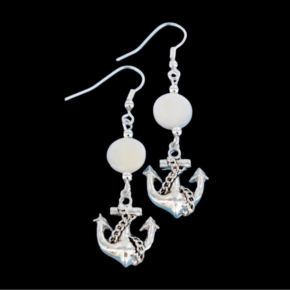 Silver Tone Anchor Earrings With Pearl Accents New